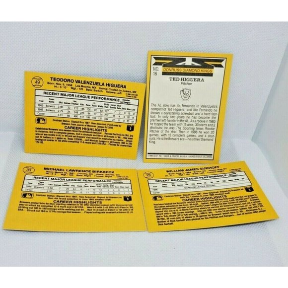 Donruss 87 BJ Surhoff, Ted Higuera, Mike Birkbeck & Ted Higuera Baseball Cards - Picture 3 of 11